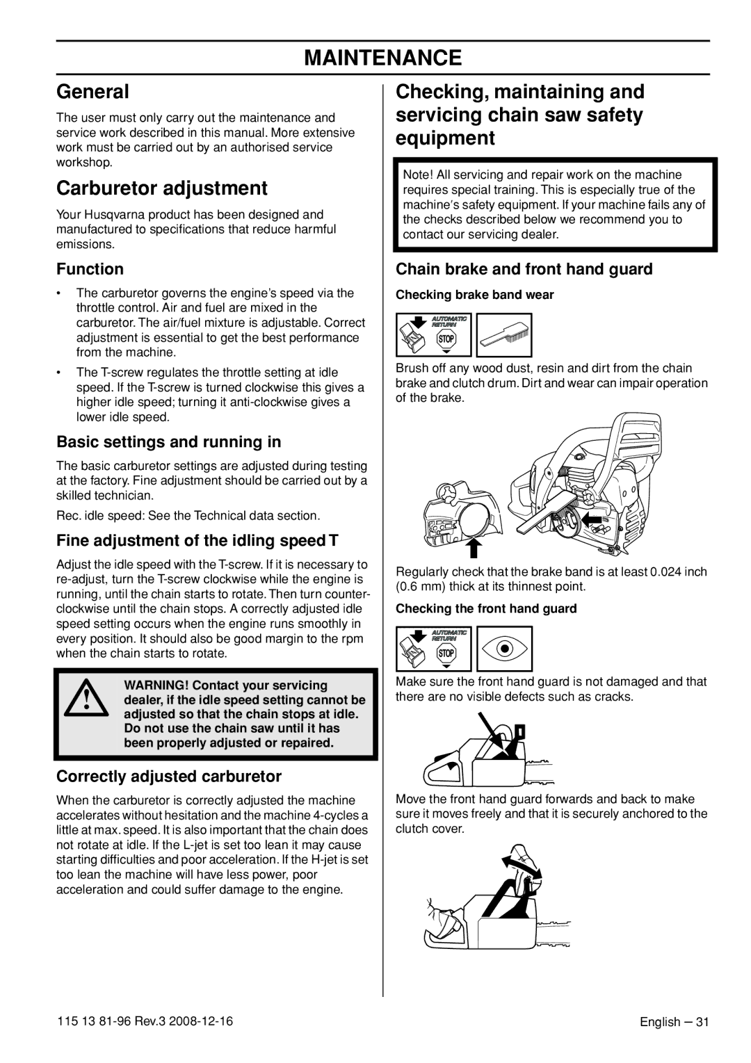 Husqvarna 115 13 81-96, 445e EPA III, 445 EPA III, 450e EPA III manual Maintenance, General, Carburetor adjustment 