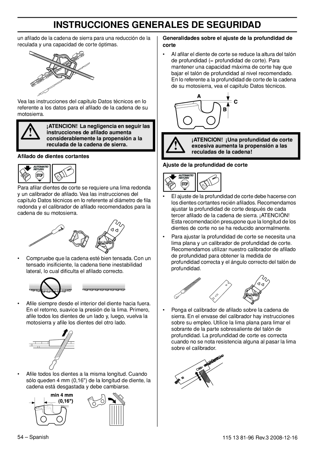 Husqvarna 450e EPA III, 445e EPA III, 445 EPA III, 115 13 81-96 Generalidades sobre el ajuste de la profundidad de corte 