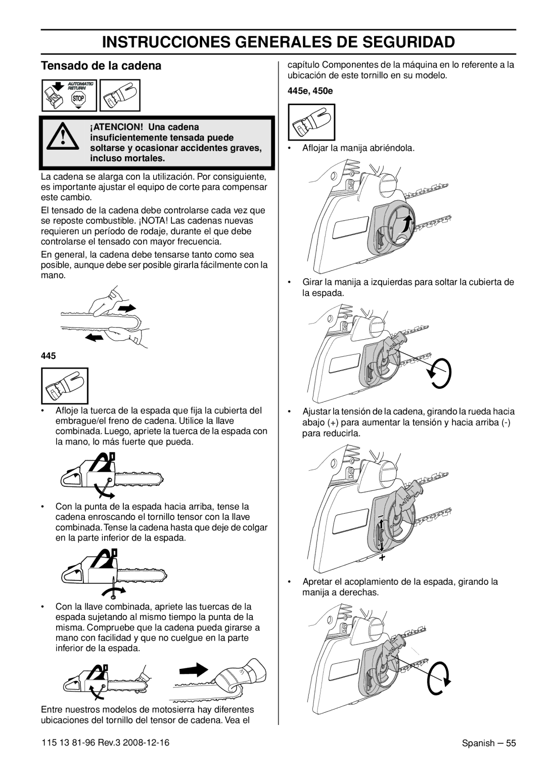 Husqvarna 115 13 81-96, 445e EPA III, 445 EPA III, 450e EPA III manual Tensado de la cadena 