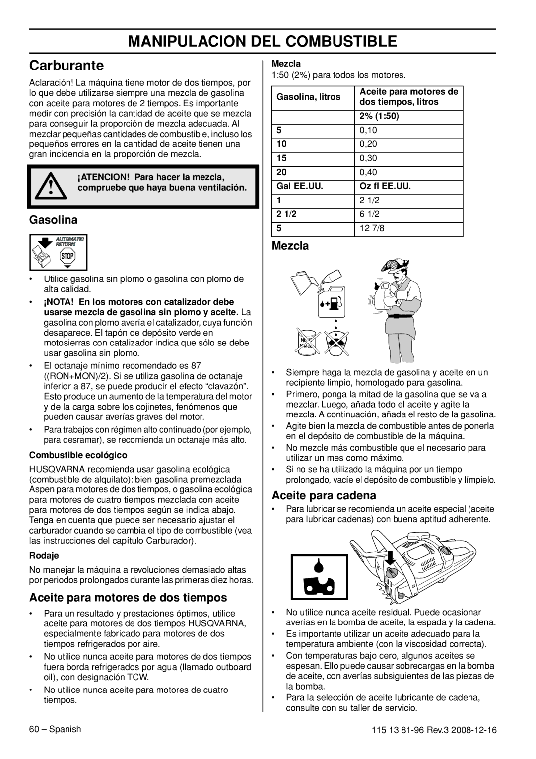 Husqvarna 445e EPA III, 445 EPA III, 450e EPA III, 115 13 81-96 manual Manipulacion DEL Combustible, Carburante 