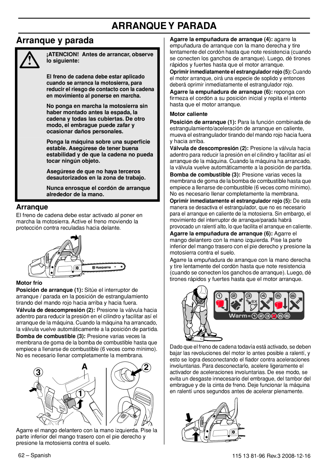 Husqvarna 450e EPA III, 445e EPA III, 445 EPA III, 115 13 81-96 manual Arranque Y Parada, Arranque y parada 