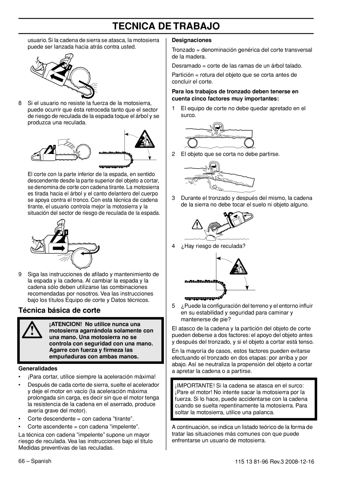 Husqvarna 450e EPA III, 445e EPA III, 445 EPA III, 115 13 81-96 manual Técnica básica de corte, Designaciones 