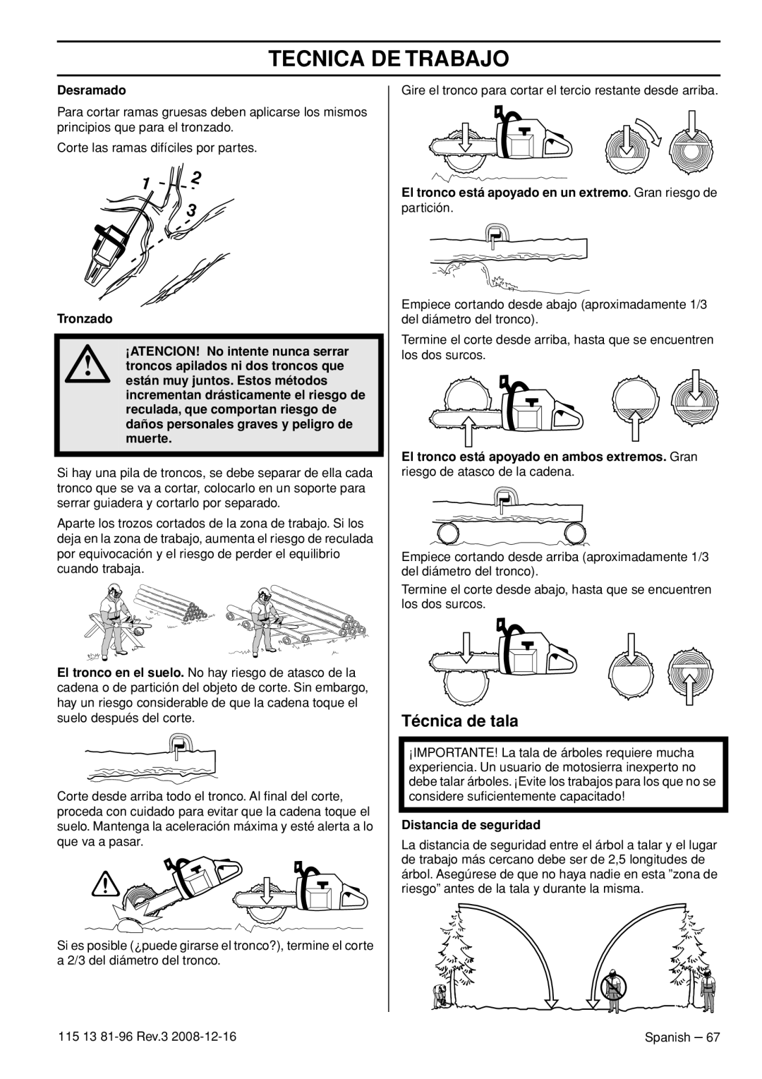 Husqvarna 115 13 81-96, 445e EPA III, 445 EPA III, 450e EPA III manual Técnica de tala, Desramado, Distancia de seguridad 