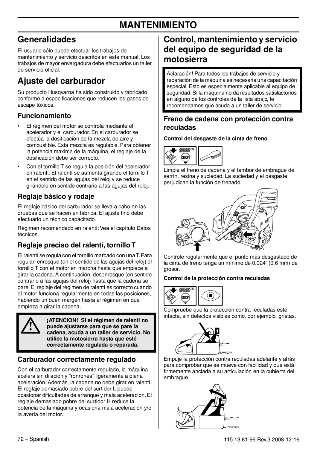 Husqvarna 445e EPA III, 445 EPA III, 450e EPA III, 115 13 81-96 manual Mantenimiento, Generalidades, Ajuste del carburador 