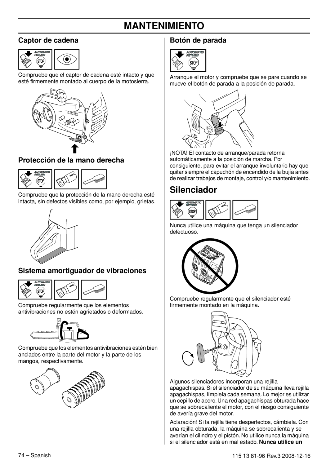 Husqvarna 450e EPA III, 445e EPA III, 445 EPA III, 115 13 81-96 manual Silenciador, Captor de cadena 