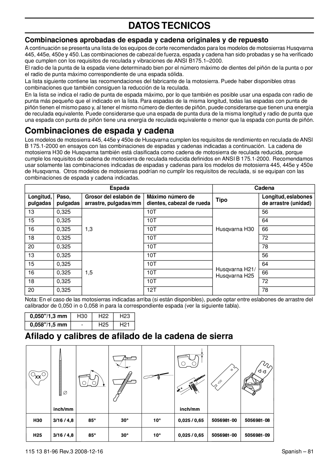 Husqvarna 445 EPA III, 445e EPA III Combinaciones de espada y cadena, Aﬁlado y calibres de aﬁlado de la cadena de sierra 