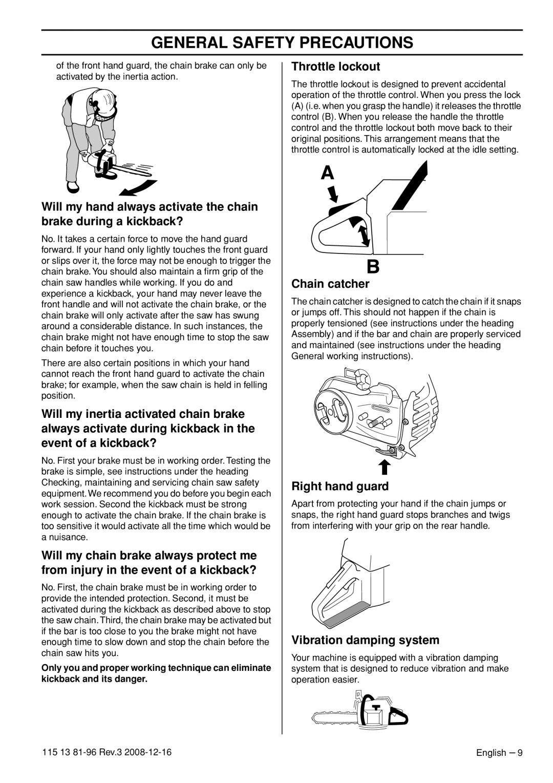 Husqvarna 445 EPA III, 445e EPA III manual Throttle lockout, Chain catcher, Right hand guard, Vibration damping system 