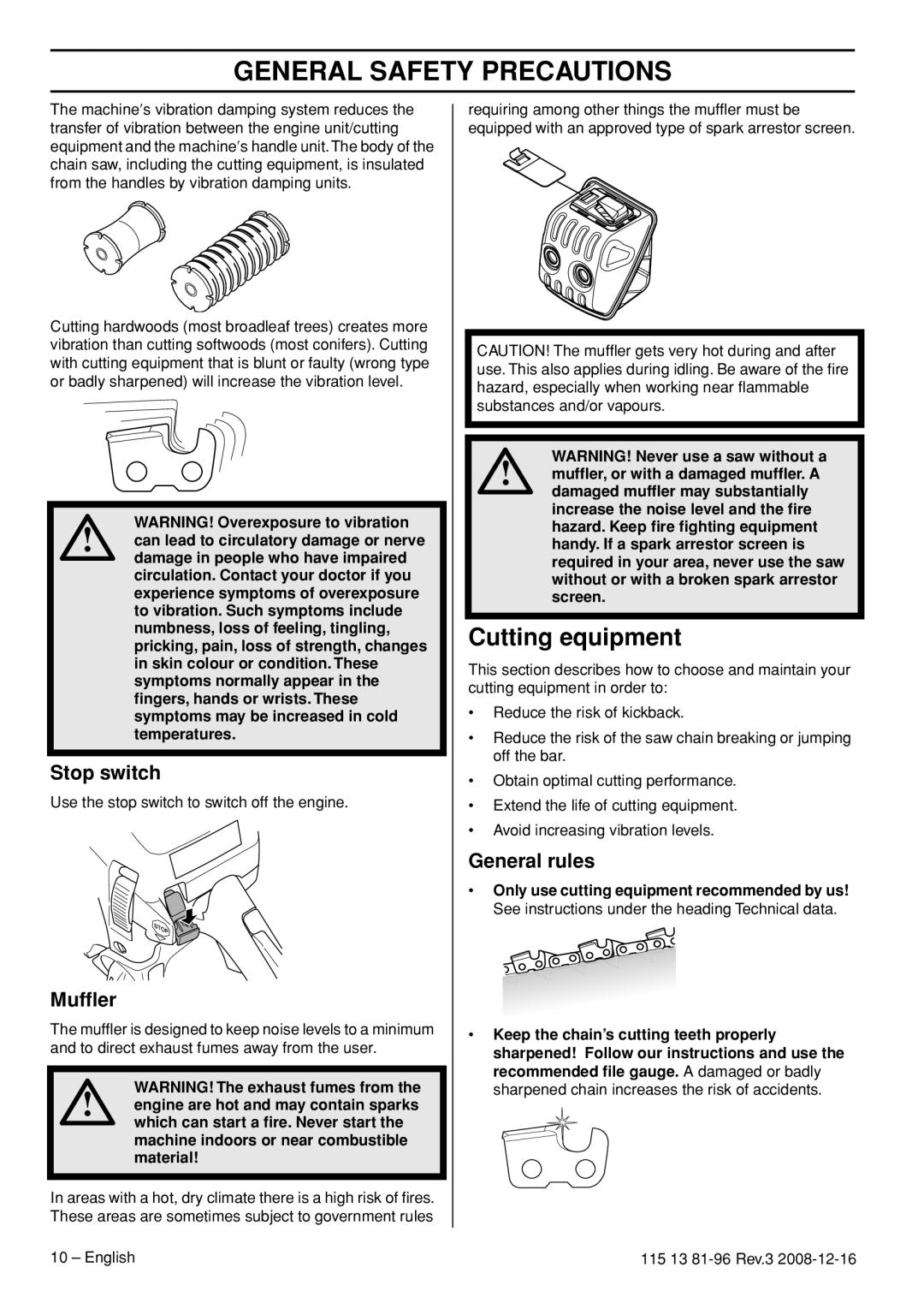 Husqvarna 450e EPA III, 445e EPA III Cutting equipment, Stop switch, Mufﬂer, General rules, General Safety Precautions 