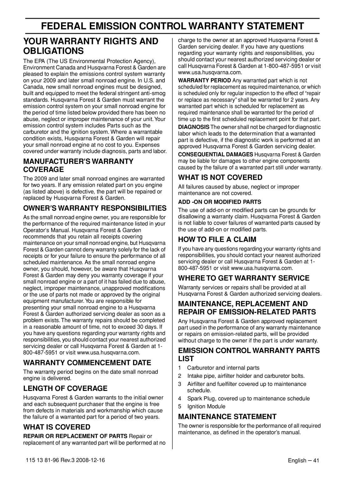 Husqvarna 445 EPA III Federal Emission Control Warranty Statement, Your Warranty Rights And Obligations, What Is Covered 