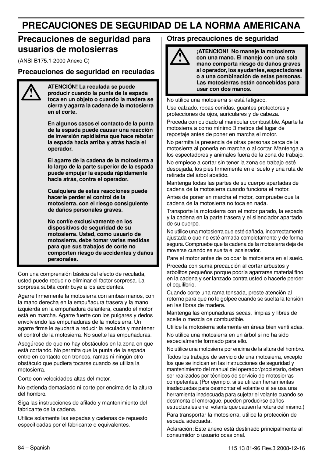 Husqvarna 445e EPA III manual Precauciones De Seguridad De La Norma Americana, Precauciones de seguridad en reculadas 