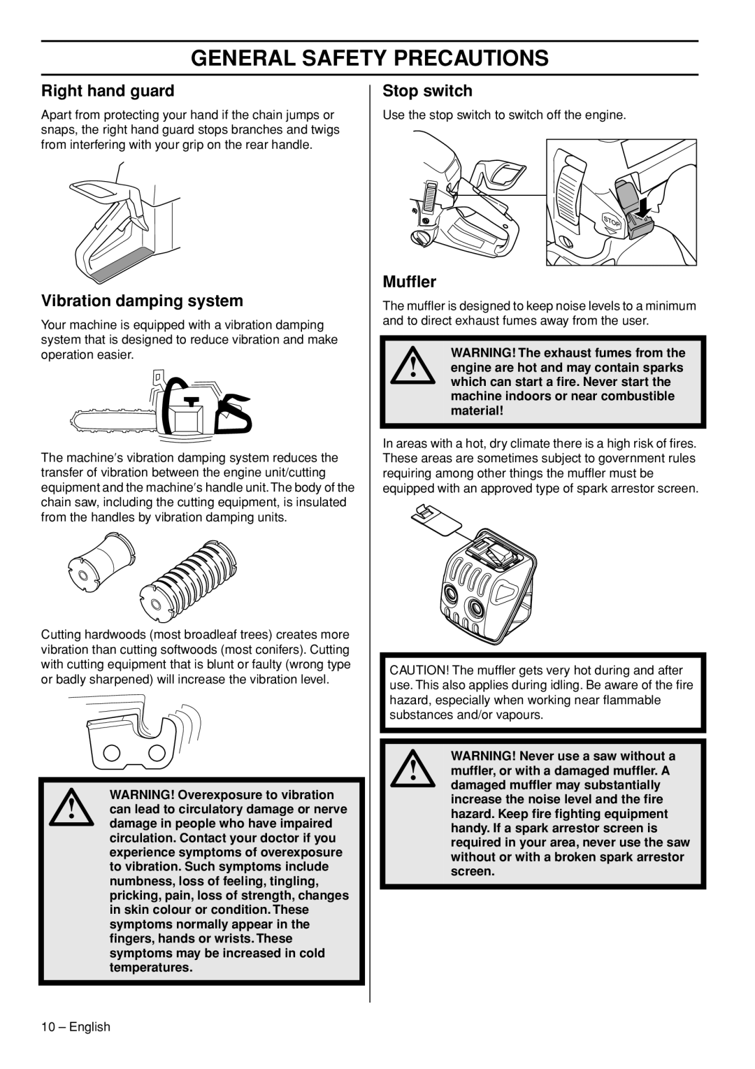 Husqvarna 445e TrioBrake manual Right hand guard, Vibration damping system, Stop switch, Mufﬂer 