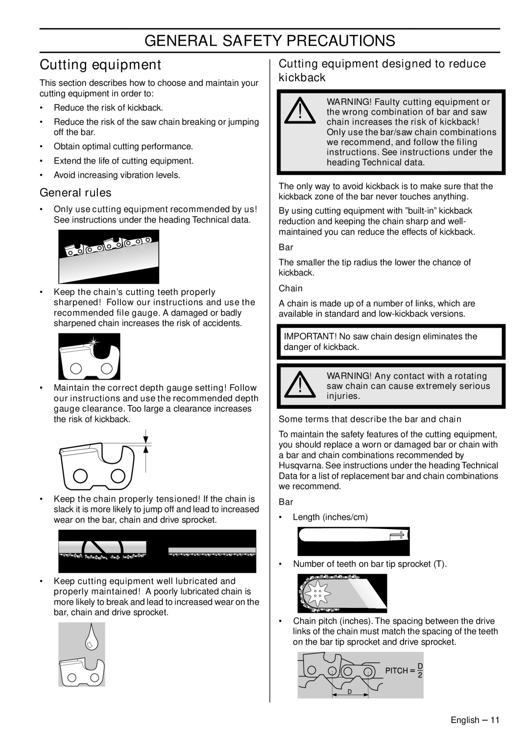 Husqvarna 445e TrioBrake manual General rules, Cutting equipment designed to reduce kickback 