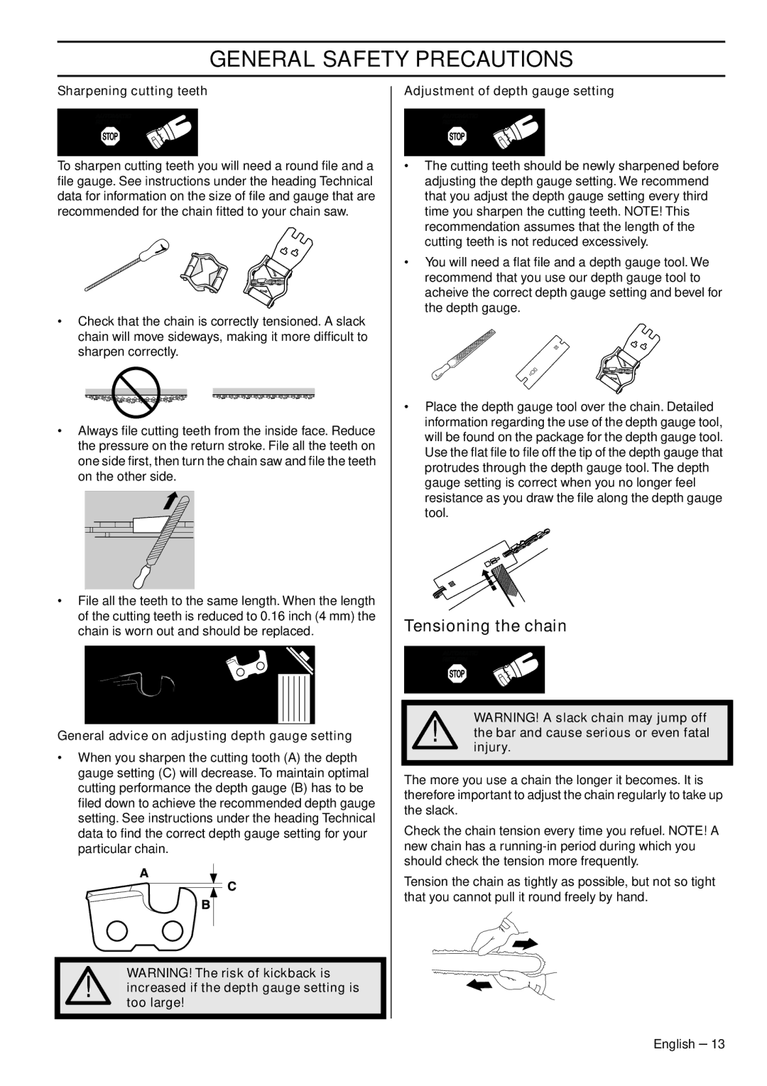 Husqvarna 445e TrioBrake manual Tensioning the chain 