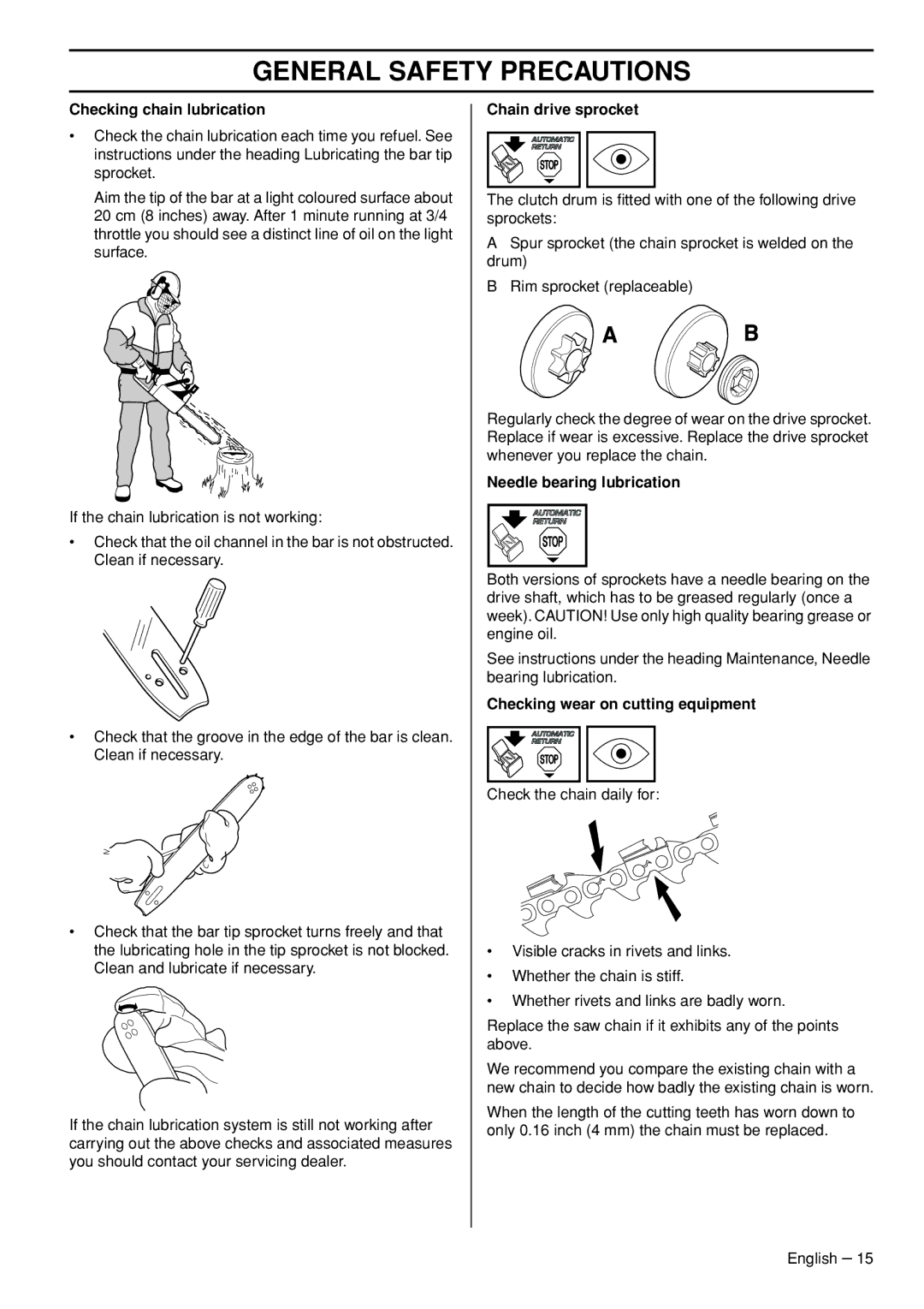 Husqvarna 445e TrioBrake manual Checking chain lubrication, Chain drive sprocket, Needle bearing lubrication 