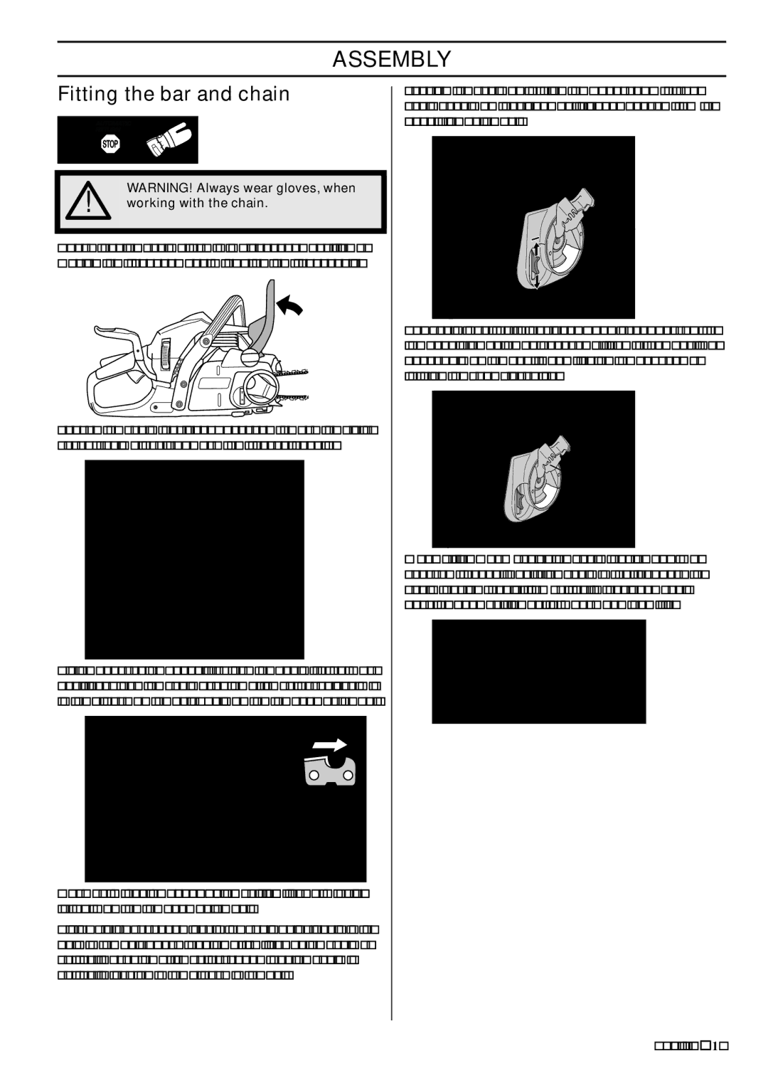 Husqvarna 445e TrioBrake manual Assembly, Fitting the bar and chain, Working with the chain 