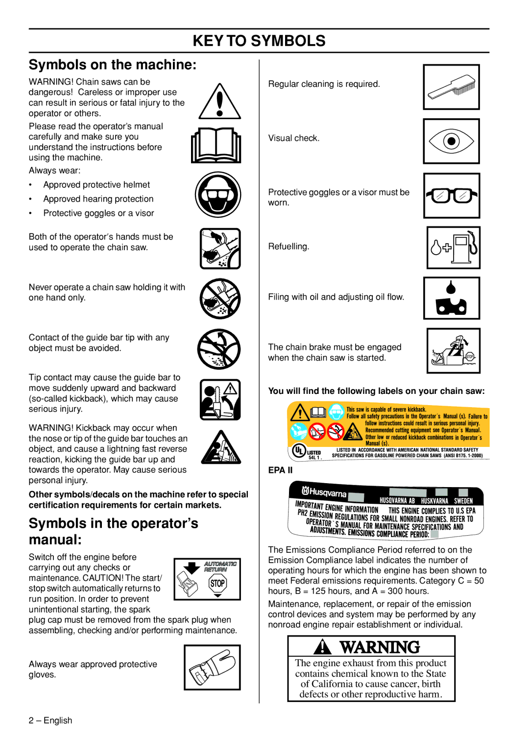 Husqvarna 445e TrioBrake KEY to Symbols, Symbols on the machine, Symbols in the operator’s manual 