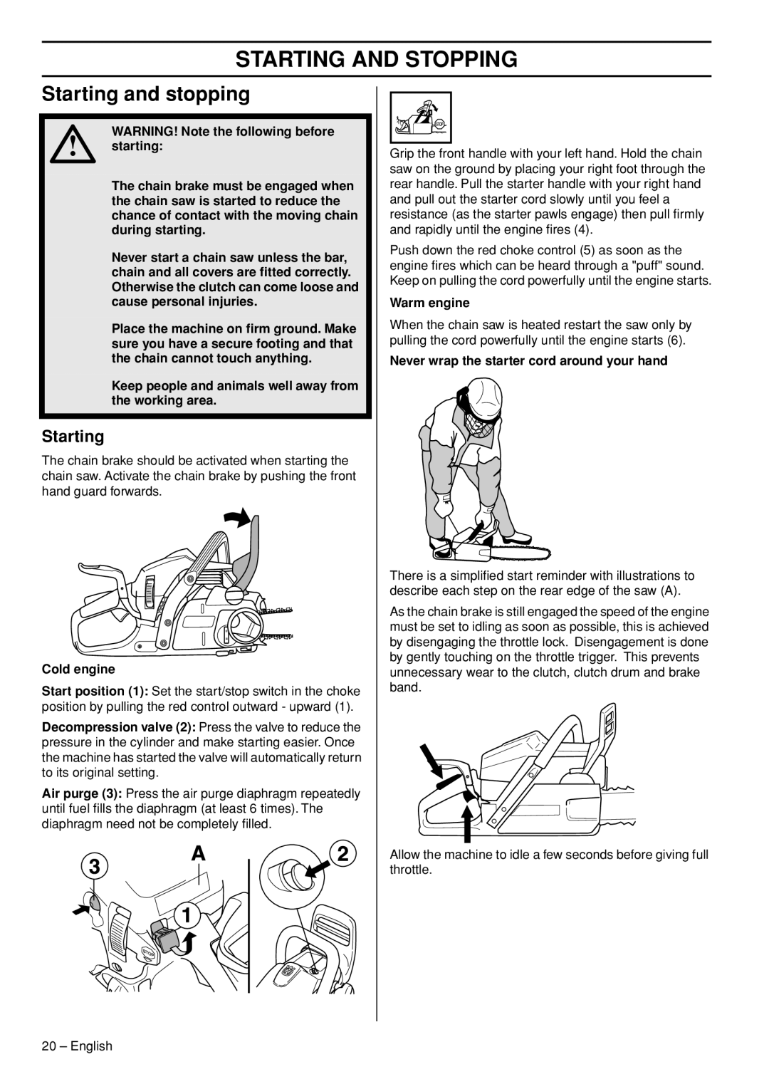 Husqvarna 445e TrioBrake manual Starting and Stopping, Starting and stopping 