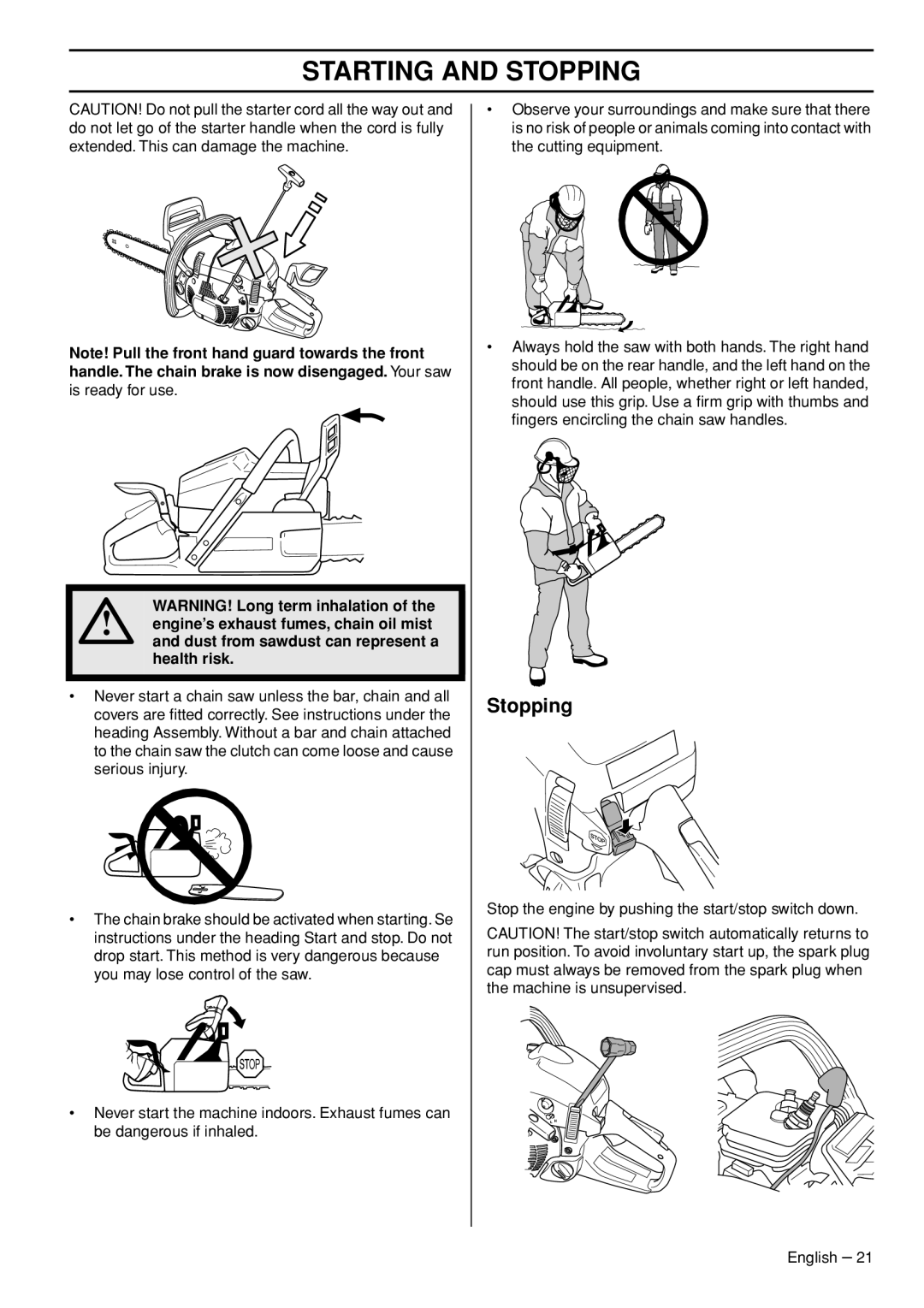 Husqvarna 445e TrioBrake manual Stopping, Health risk 