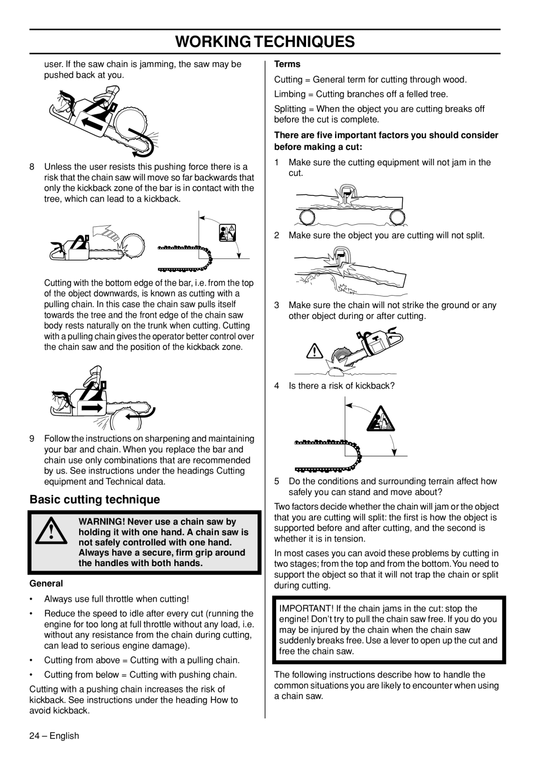 Husqvarna 445e TrioBrake manual Basic cutting technique, Terms 