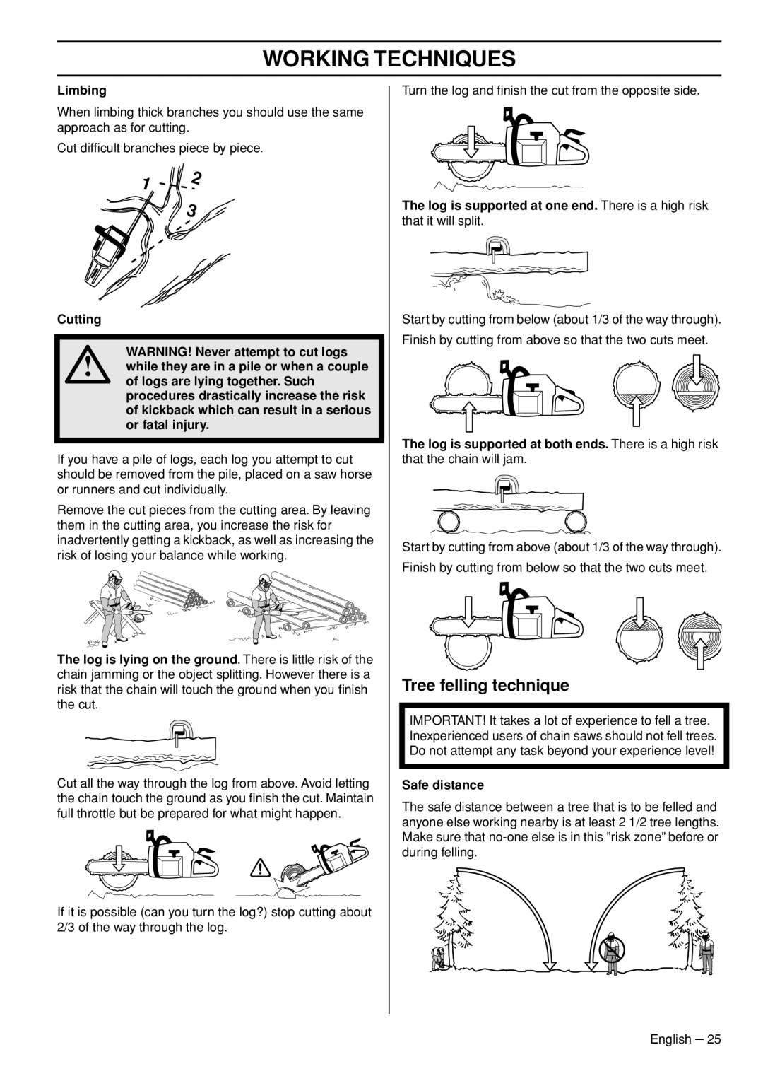 Husqvarna 445e TrioBrake manual Tree felling technique, Limbing, Safe distance 