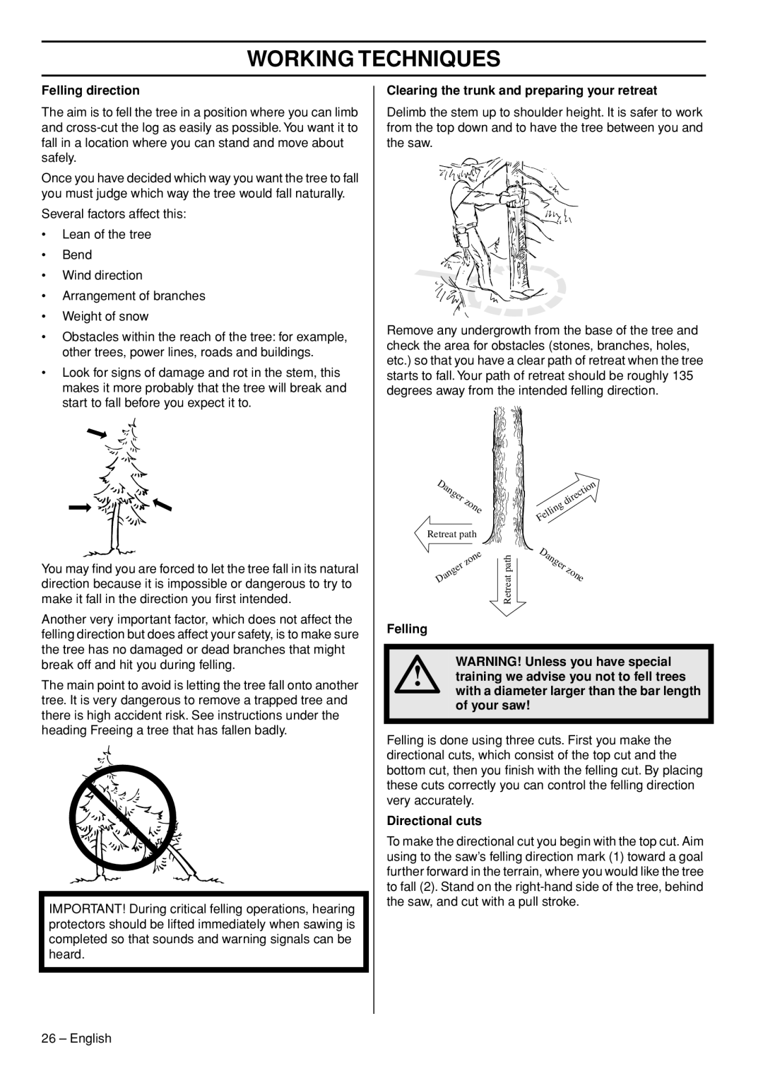 Husqvarna 445e TrioBrake manual Felling direction, Clearing the trunk and preparing your retreat, Directional cuts 