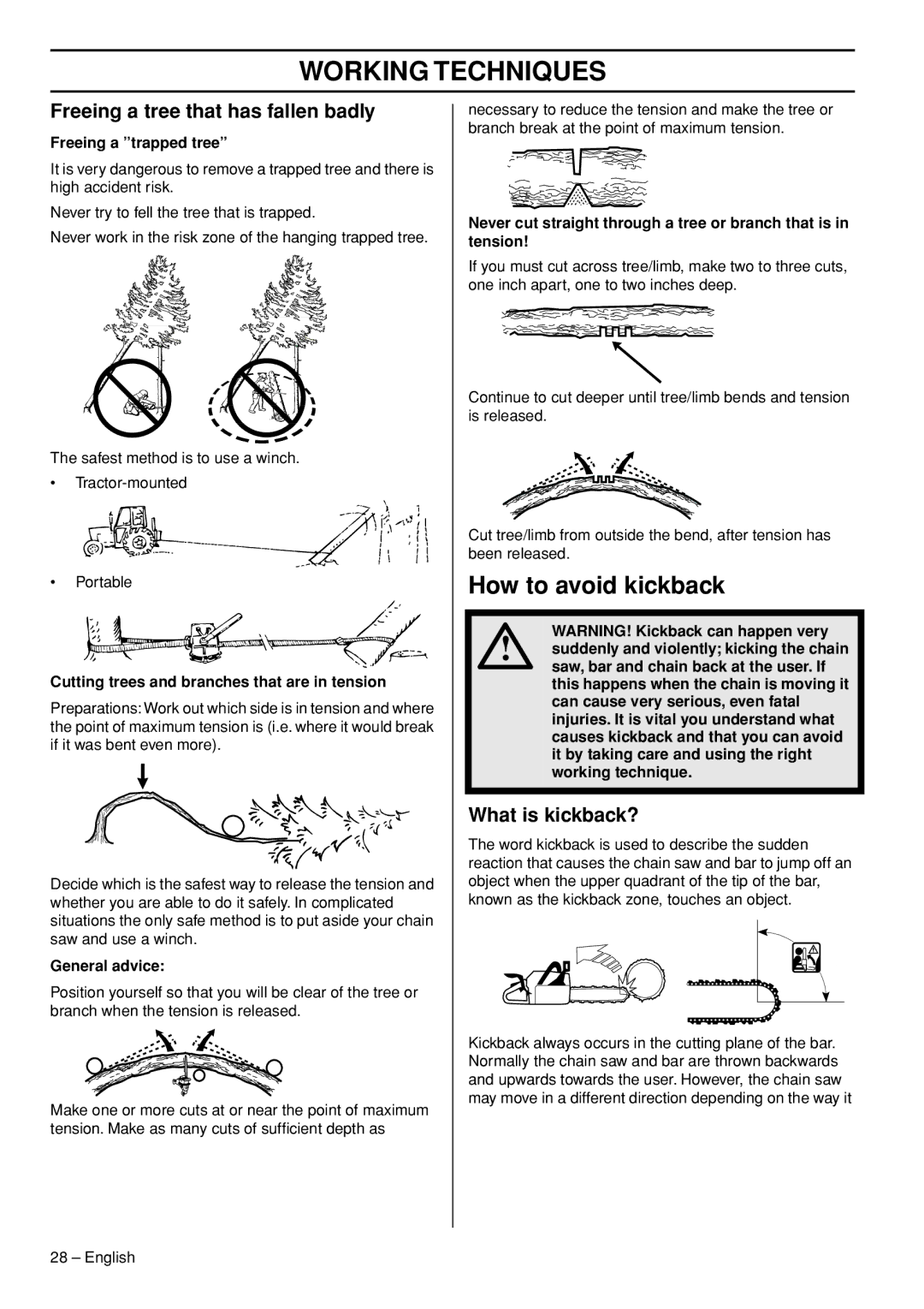 Husqvarna 445e TrioBrake manual How to avoid kickback, Freeing a tree that has fallen badly, What is kickback? 