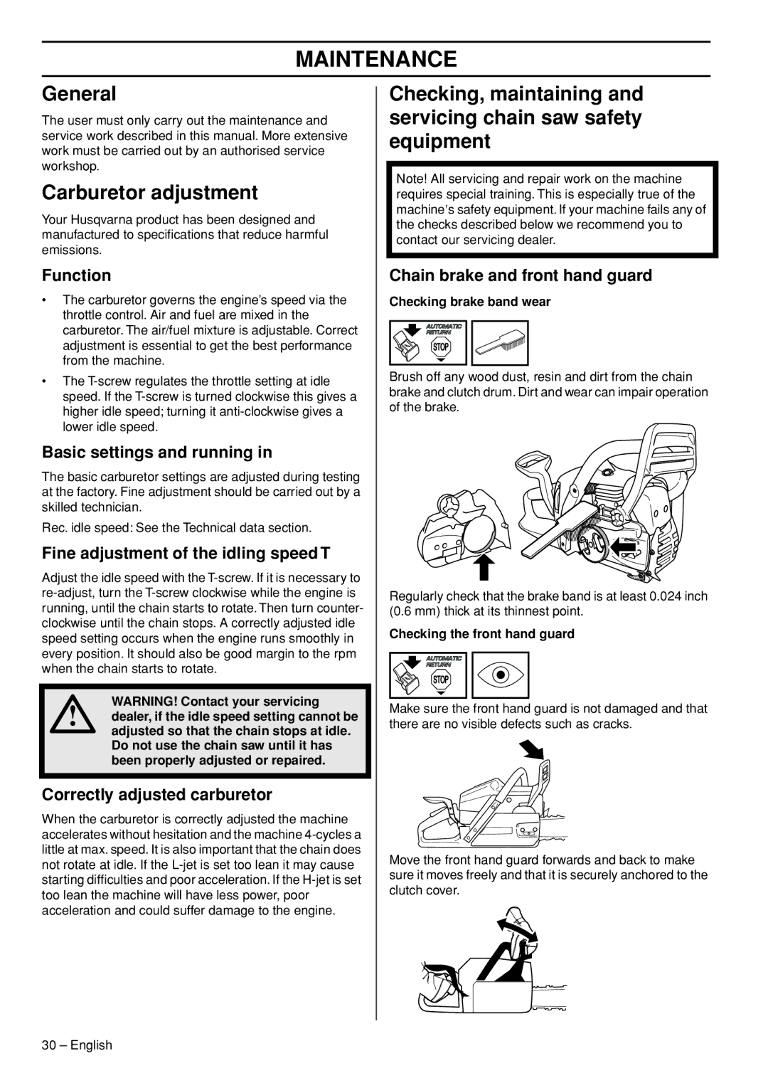 Husqvarna 445e TrioBrake manual Maintenance, General, Carburetor adjustment 