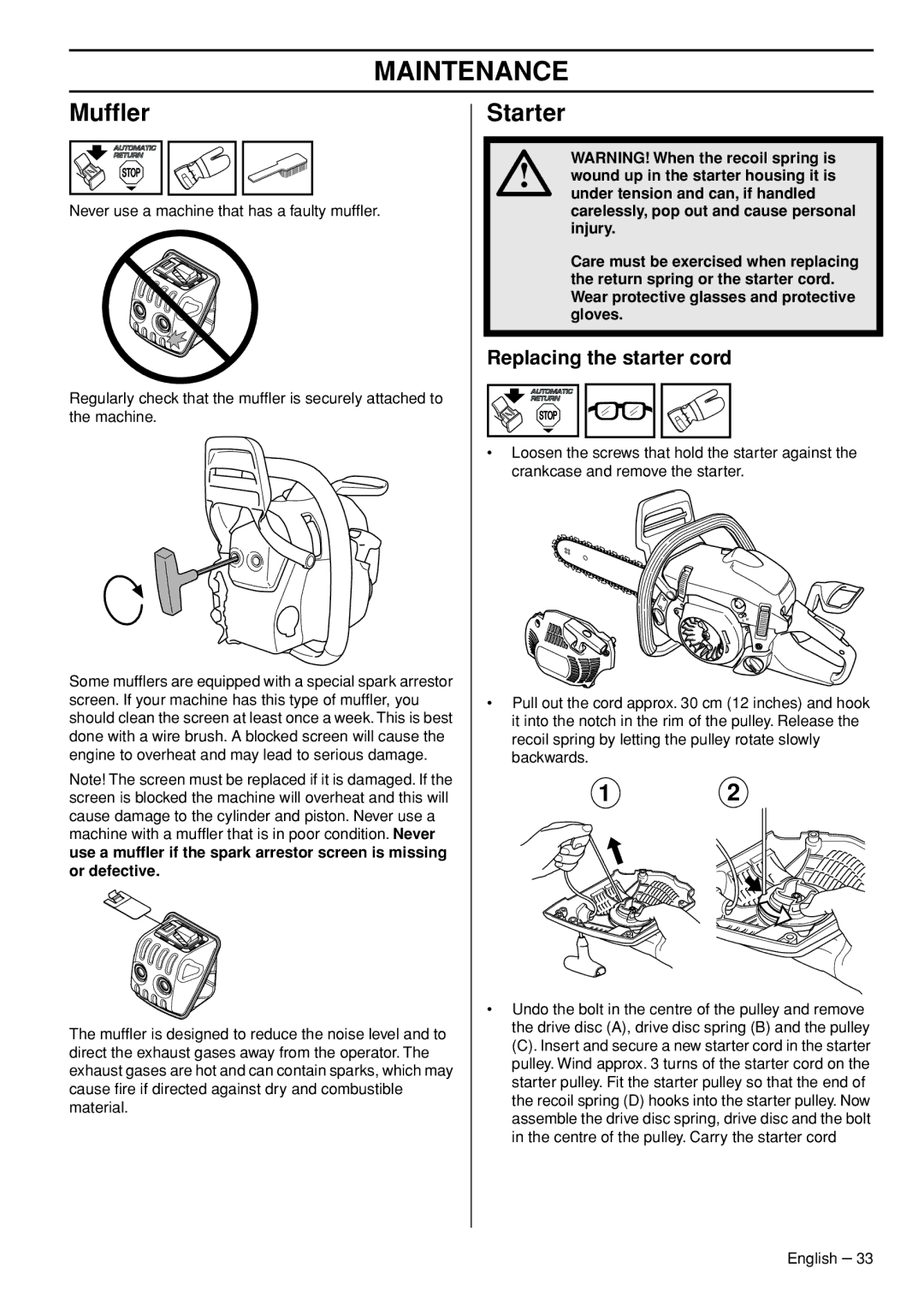 Husqvarna 445e TrioBrake manual Mufﬂer, Starter, Replacing the starter cord 