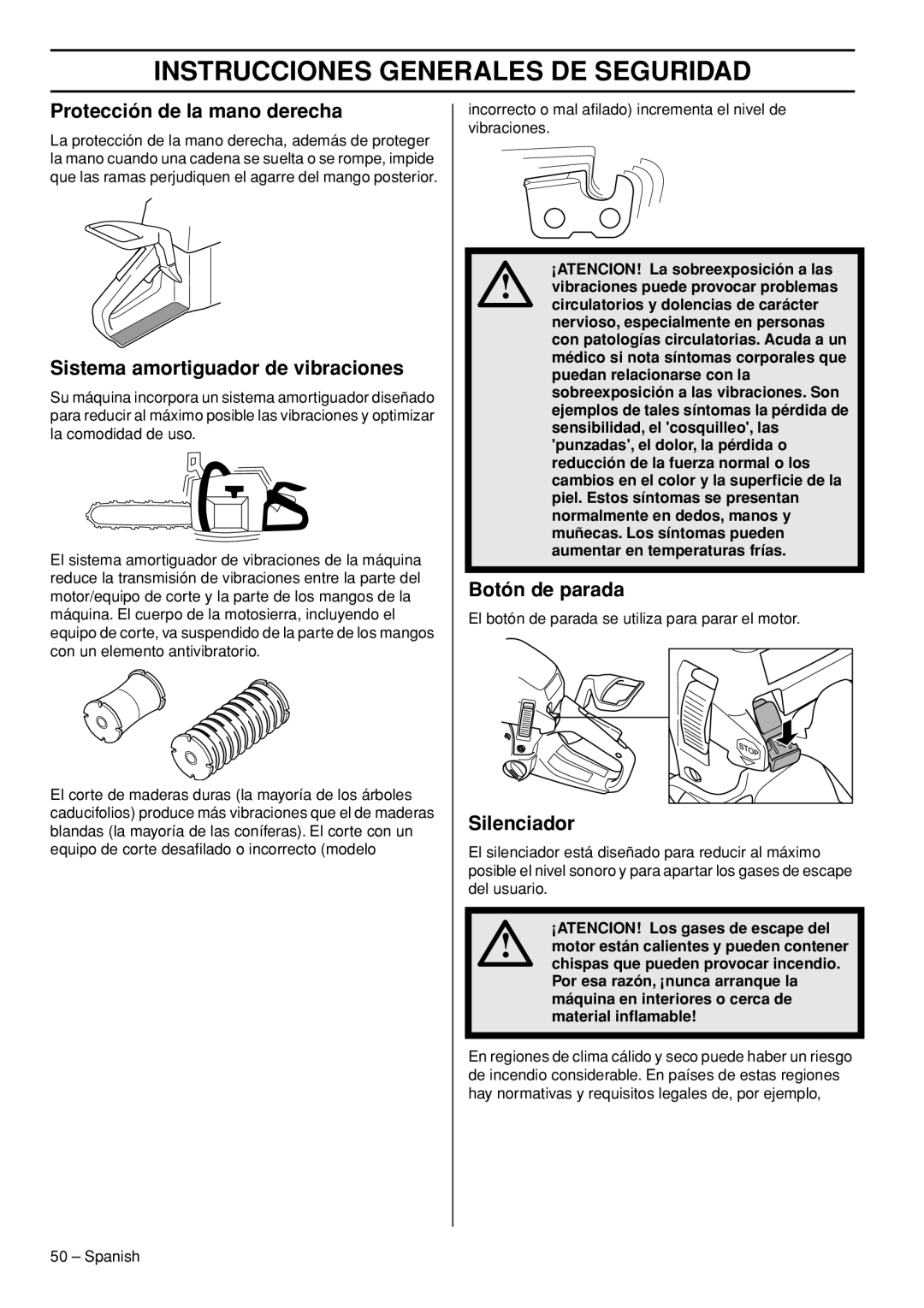 Husqvarna 445e TrioBrake Protección de la mano derecha, Sistema amortiguador de vibraciones, Botón de parada, Silenciador 