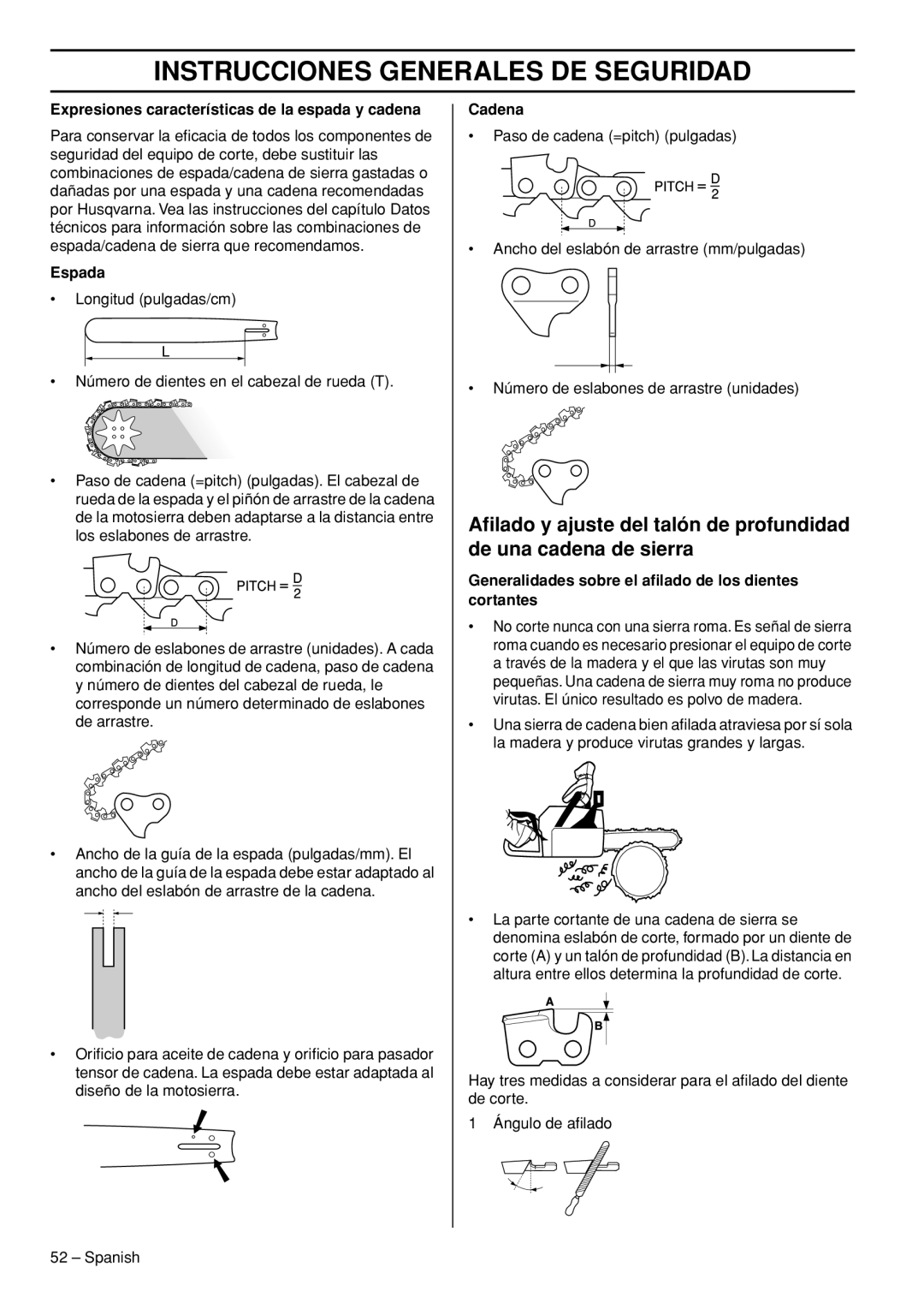 Husqvarna 445e TrioBrake manual Expresiones características de la espada y cadena 