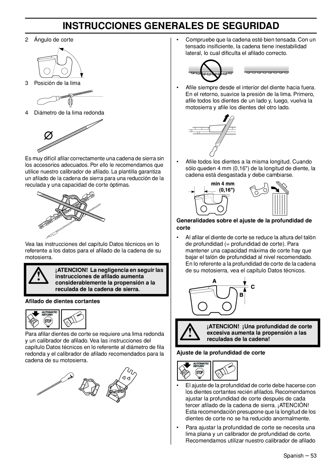 Husqvarna 445e TrioBrake manual Generalidades sobre el ajuste de la profundidad de corte 