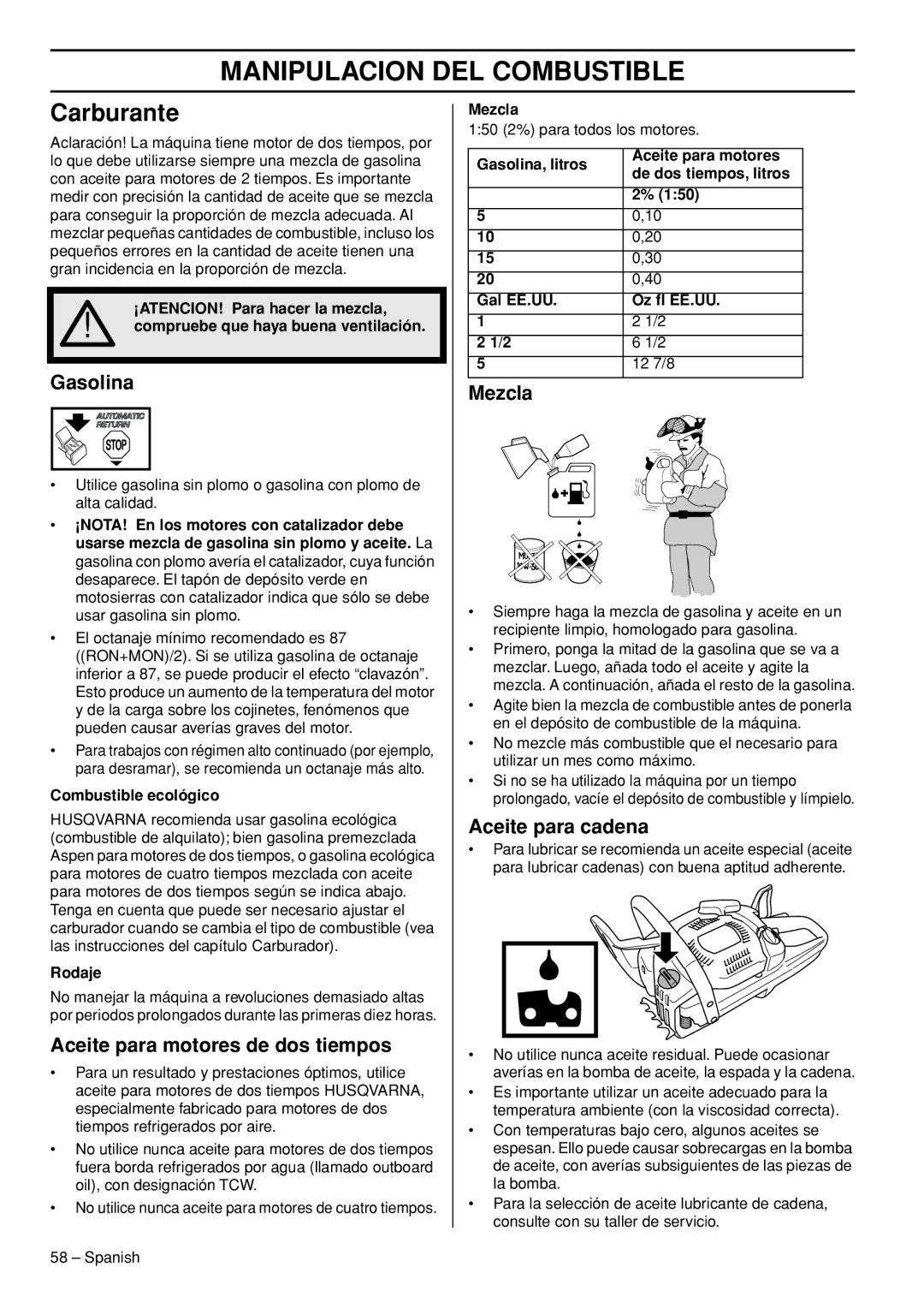 Husqvarna 445e TrioBrake manual Manipulacion DEL Combustible, Carburante 