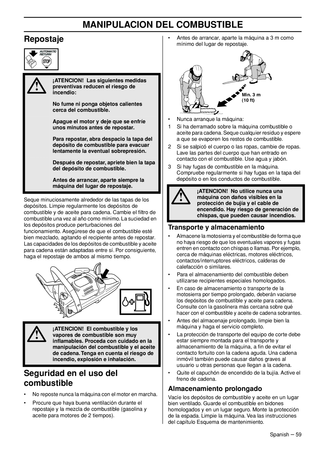 Husqvarna 445e TrioBrake manual Repostaje, Seguridad en el uso del combustible, Transporte y almacenamiento 