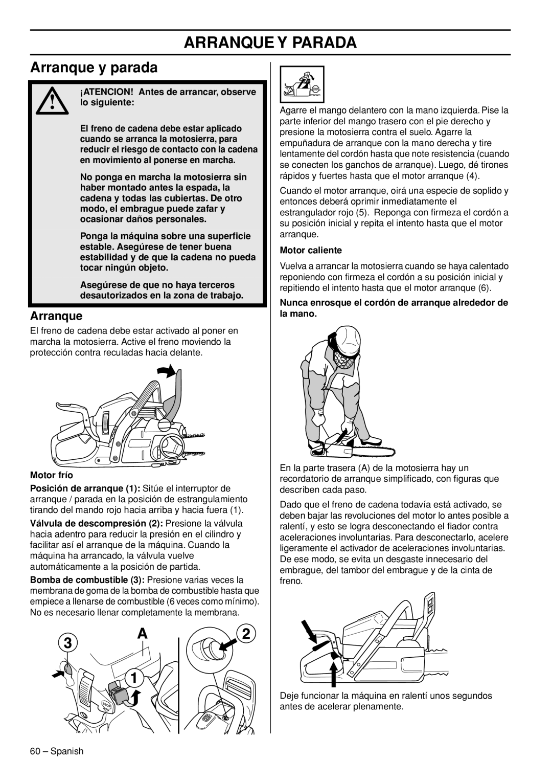 Husqvarna 445e TrioBrake manual Arranque Y Parada, Arranque y parada 