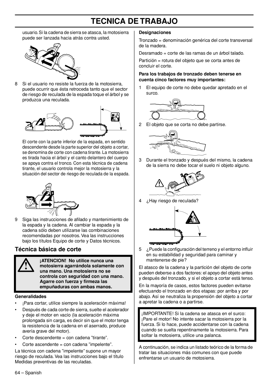 Husqvarna 445e TrioBrake manual Técnica básica de corte, Designaciones 