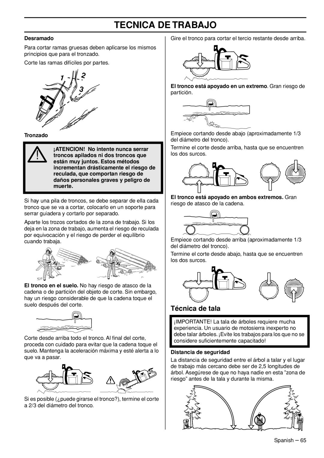 Husqvarna 445e TrioBrake manual Técnica de tala, Desramado, Distancia de seguridad 