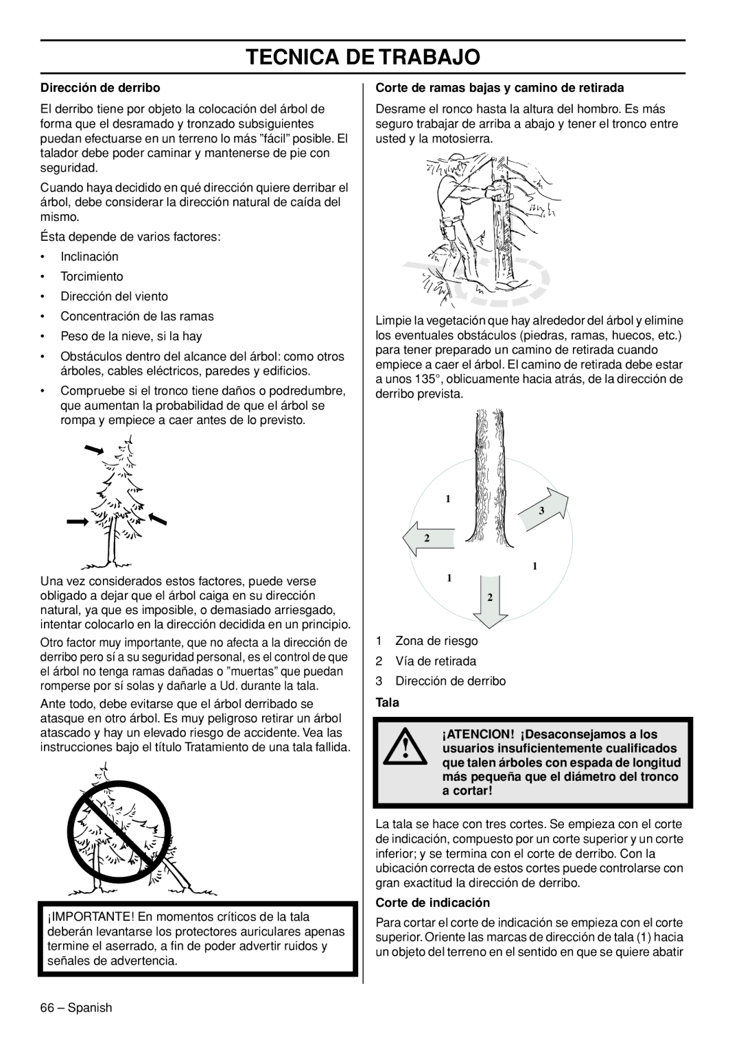 Husqvarna 445e TrioBrake manual Dirección de derribo, Corte de ramas bajas y camino de retirada, Corte de indicación 