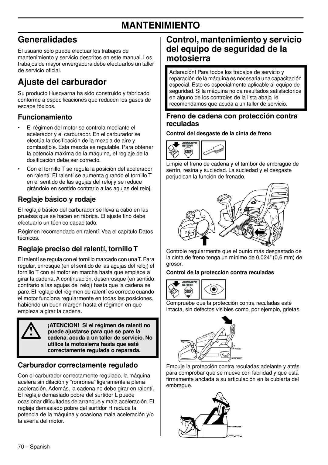 Husqvarna 445e TrioBrake manual Mantenimiento, Generalidades, Ajuste del carburador 