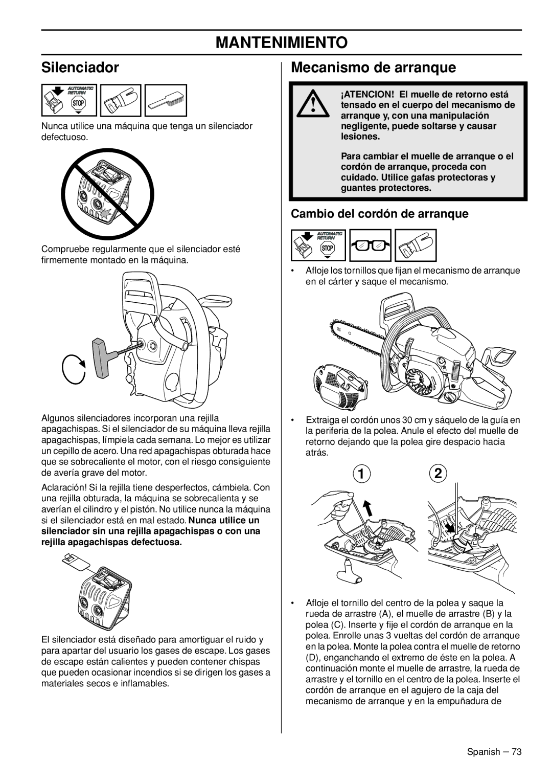 Husqvarna 445e TrioBrake manual Silenciador, Mecanismo de arranque, Cambio del cordón de arranque 