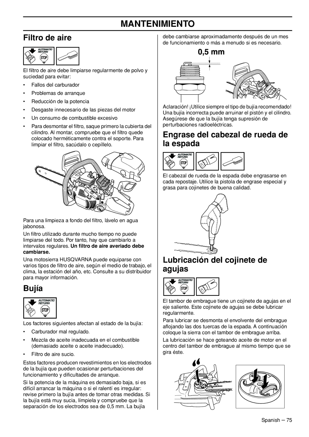 Husqvarna 445e TrioBrake manual Filtro de aire, Bujía, Engrase del cabezal de rueda de la espada, Cambiarse 