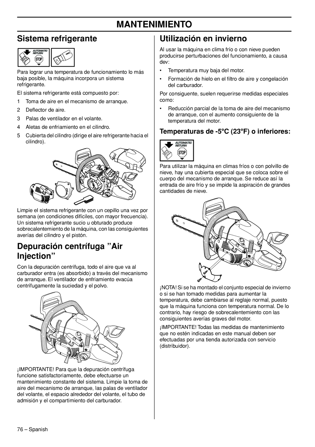 Husqvarna 445e TrioBrake manual Sistema refrigerante, Depuración centrífuga Air Injection, Utilización en invierno 