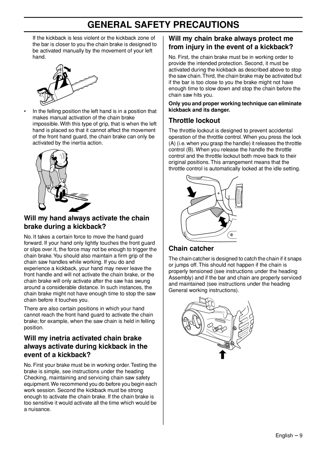 Husqvarna 445e TrioBrake manual Throttle lockout, Chain catcher 