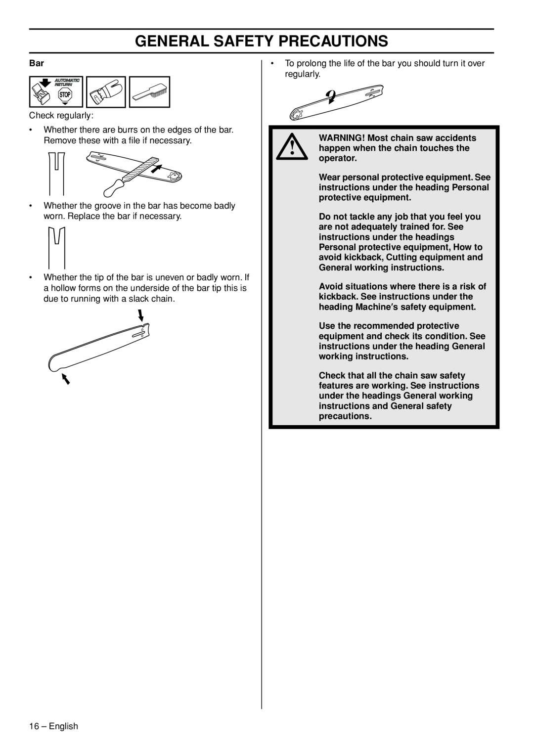 Husqvarna 445e TrioBrake manual General Safety Precautions, Check regularly 
