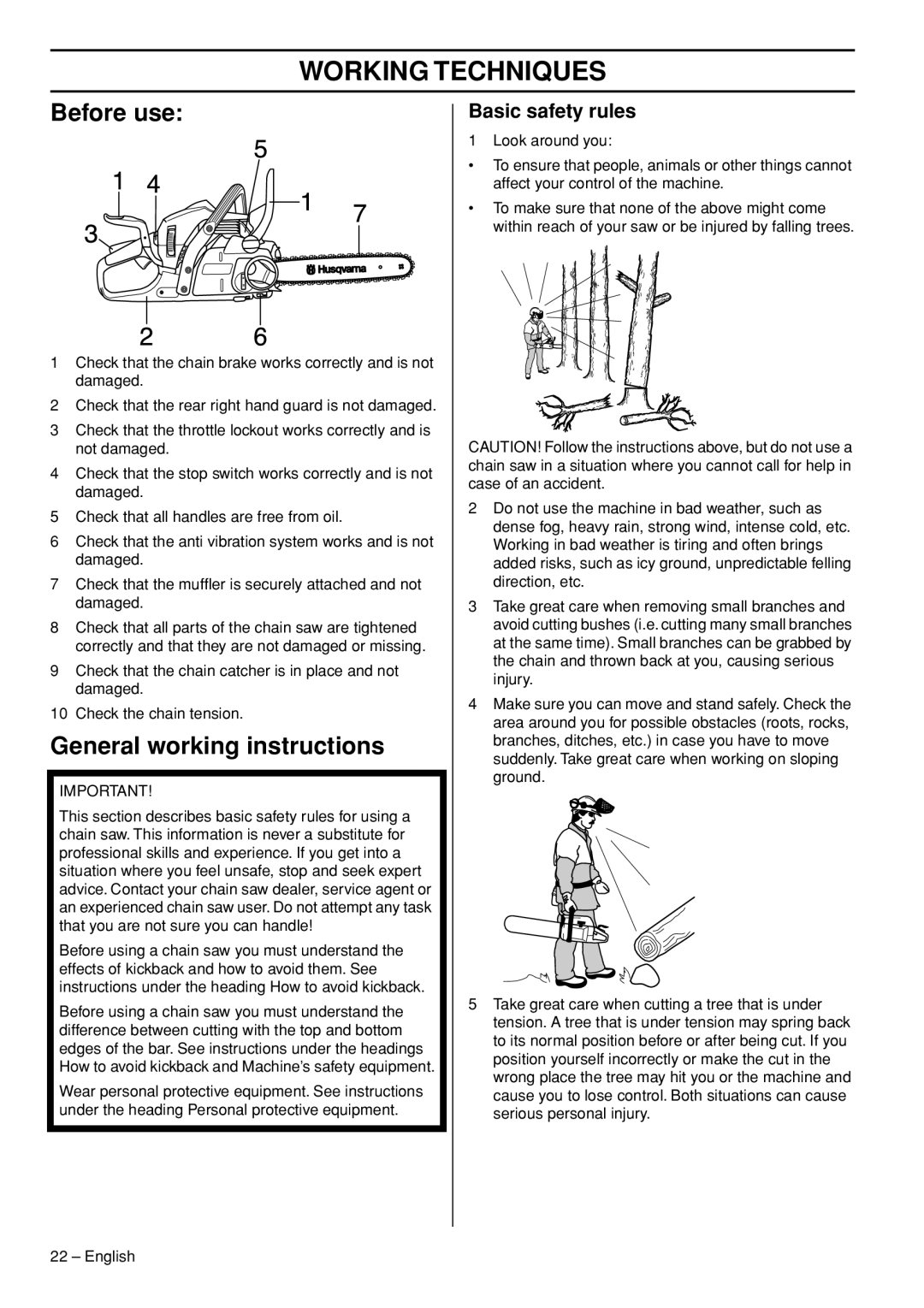Husqvarna 445e TrioBrake manual Working Techniques, Before use, General working instructions, Basic safety rules 