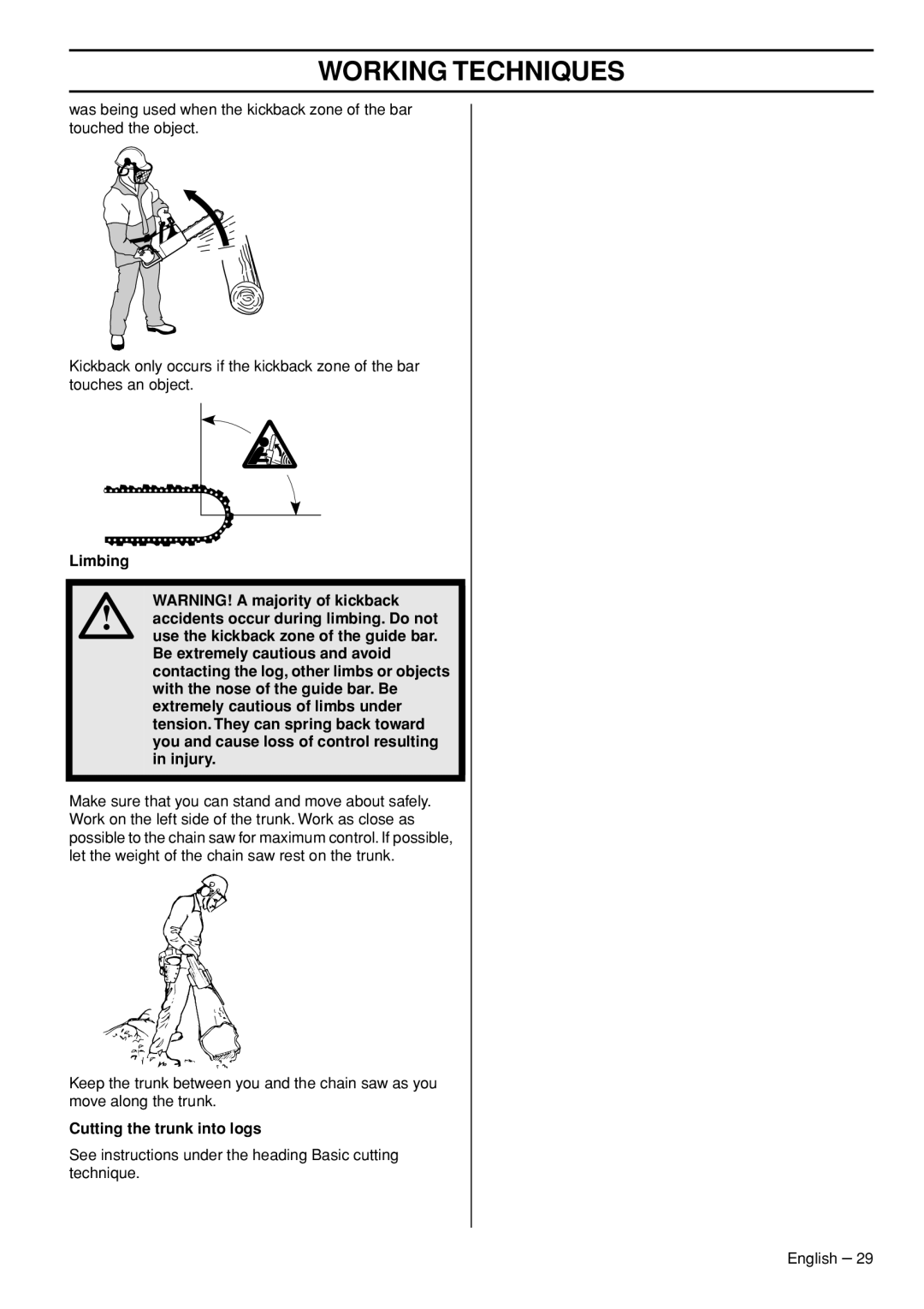 Husqvarna 445e TrioBrake manual Working Techniques, Limbing WARNING! A majority of kickback 