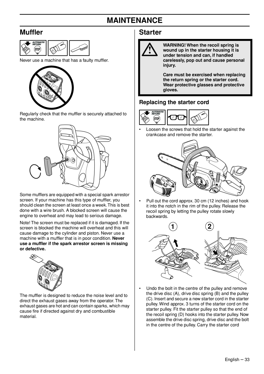 Husqvarna 445e TrioBrake manual Mufﬂer, Starter, Replacing the starter cord, Maintenance 