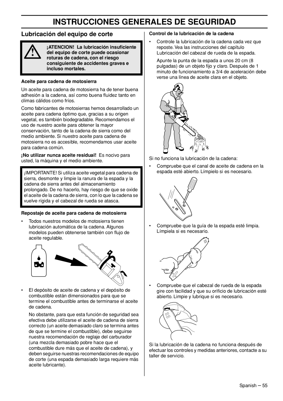 Husqvarna 445e TrioBrake manual Lubricación del equipo de corte, Instrucciones Generales De Seguridad 