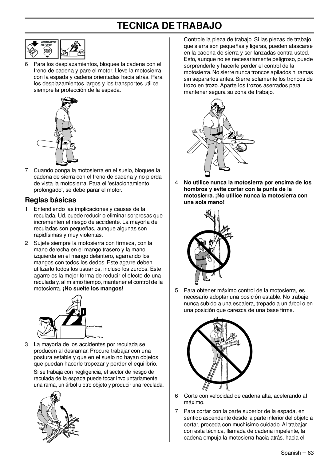 Husqvarna 445e TrioBrake manual Tecnica De Trabajo, Reglas básicas 