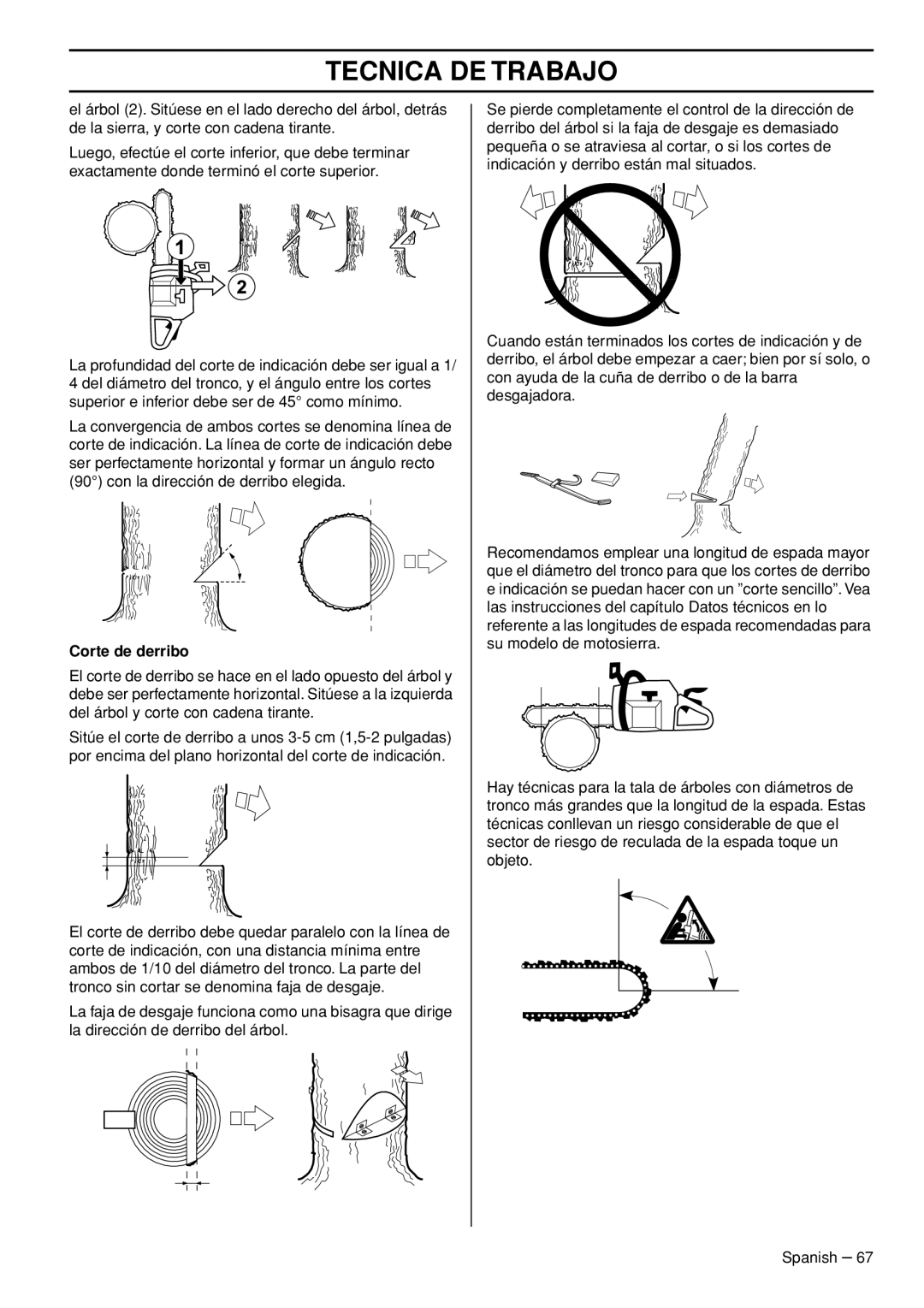 Husqvarna 445e TrioBrake manual Tecnica De Trabajo, Corte de derribo 