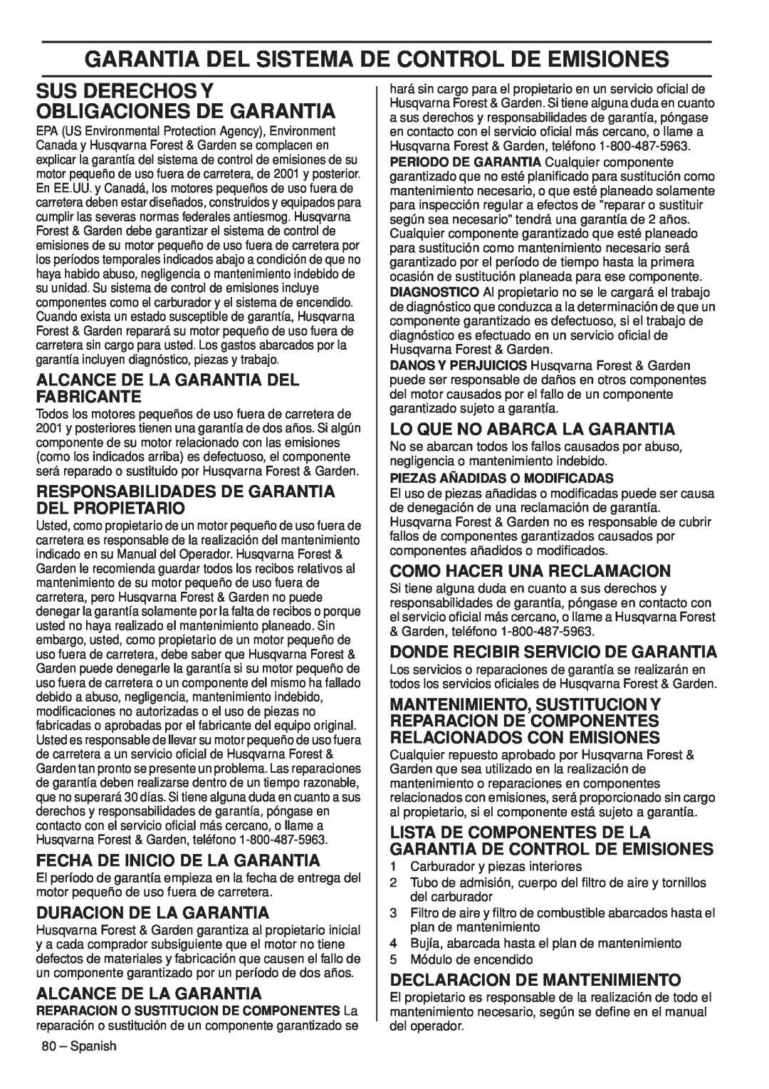 Husqvarna 445e TrioBrake manual Garantia Del Sistema De Control De Emisiones, Sus Derechos Y Obligaciones De Garantia 